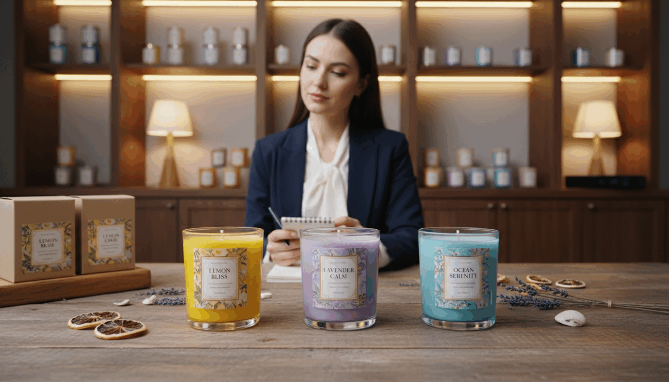 A beautifully arranged display of various scented candles from the brand "Lemon Wax Blend" on a rustic wooden table. In the foreground, highlight three candles: one vibrant lemon yellow, one soft lavender, and one calming ocean blue, each adorned with elegant labels that reflect their unique fragrances. The middle ground features a stylish, well-dressed woman in business attire, thoughtfully examining the candles, her expression one of contemplation and inspiration. In the background, a softly lit room with warm, inviting lighting and shelves showcasing additional candle varieties, creating a cozy atmosphere. The overall mood should feel professional yet approachable, emphasizing the connection between candle purpose and audience appeal, with a focus on aesthetics that attract potential buyers.