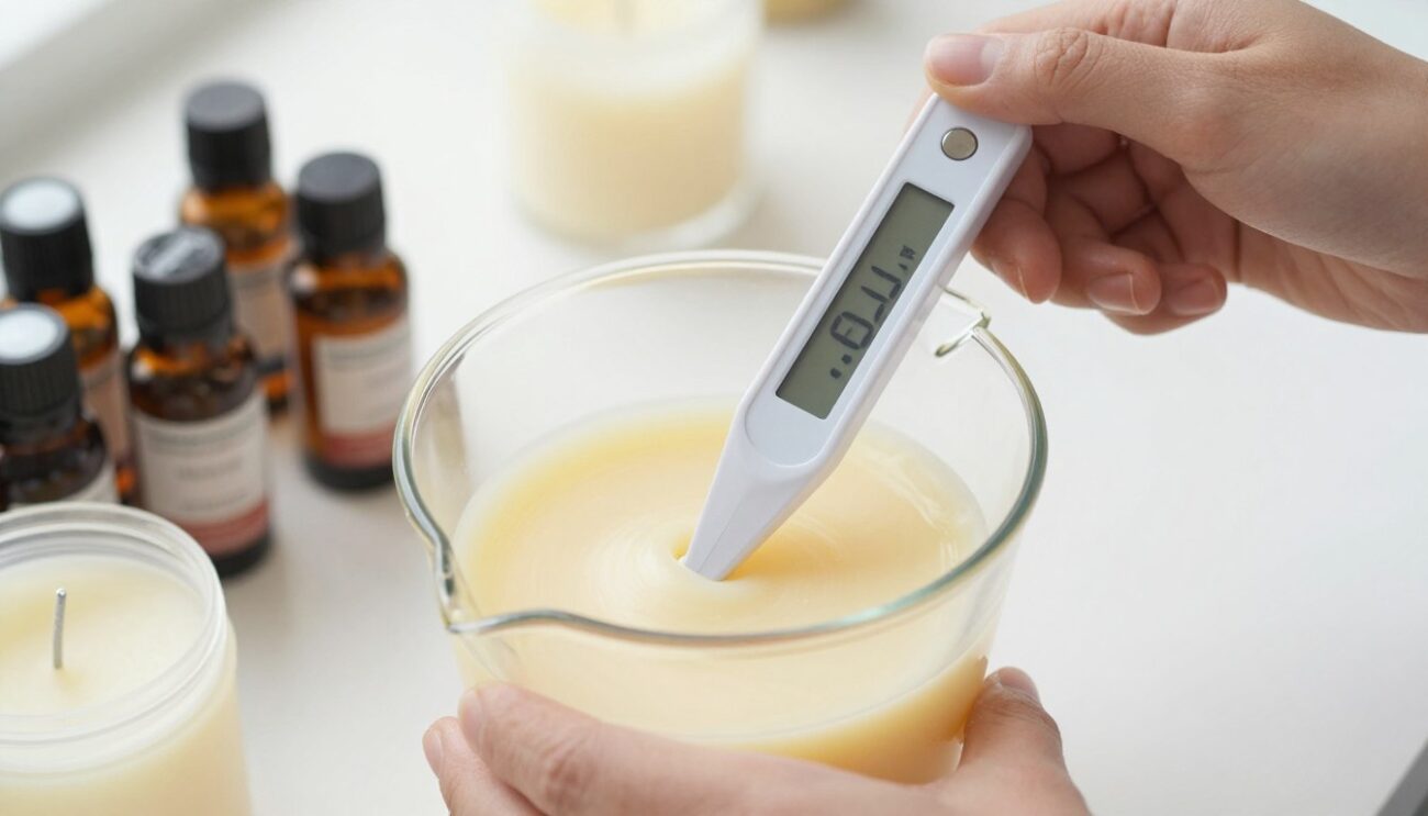 Candle making setup with melted soy wax, thermometer, and fragrance oils