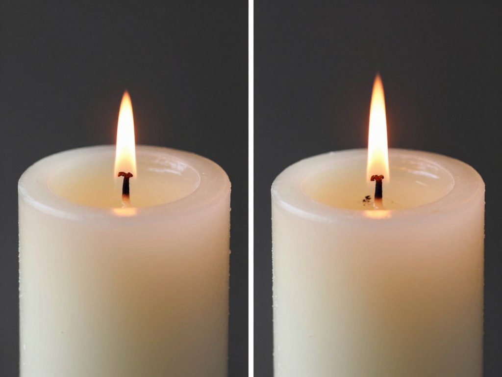Comparison of soy wax candle burning cleanly next to a paraffin candle with visible soot