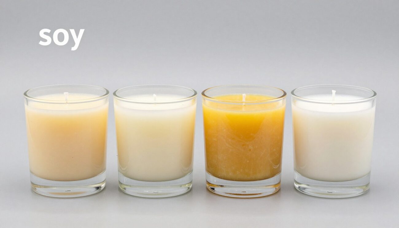 Different types of candle waxes displayed side by side - soy wax, paraffin, beeswax, and coconut wax