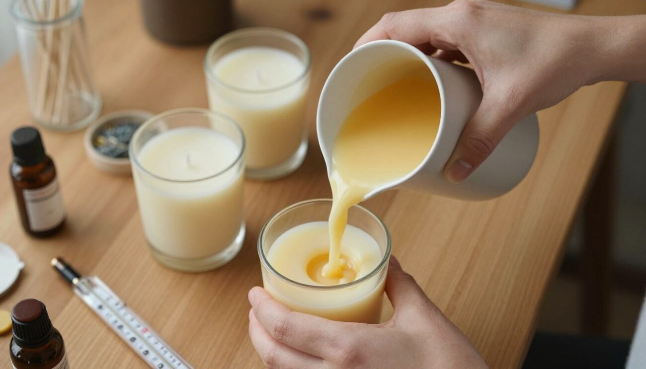 Person making soy wax candles, pouring melted wax into glass containers
