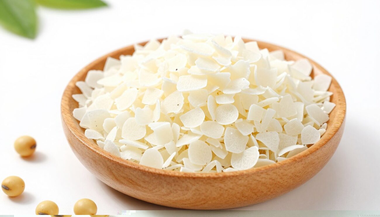 Soy wax flakes in a wooden bowl next to soybeans