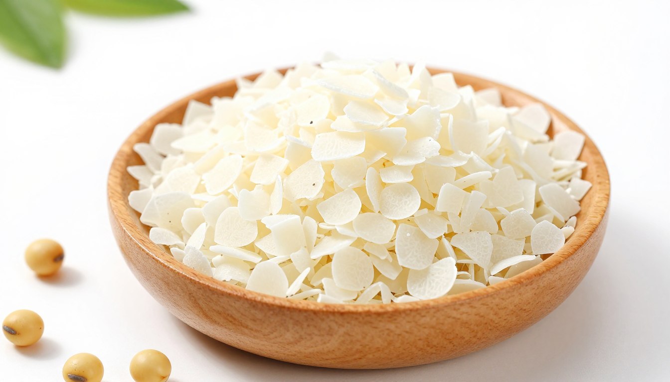 Soy wax flakes in a wooden bowl next to soybeans