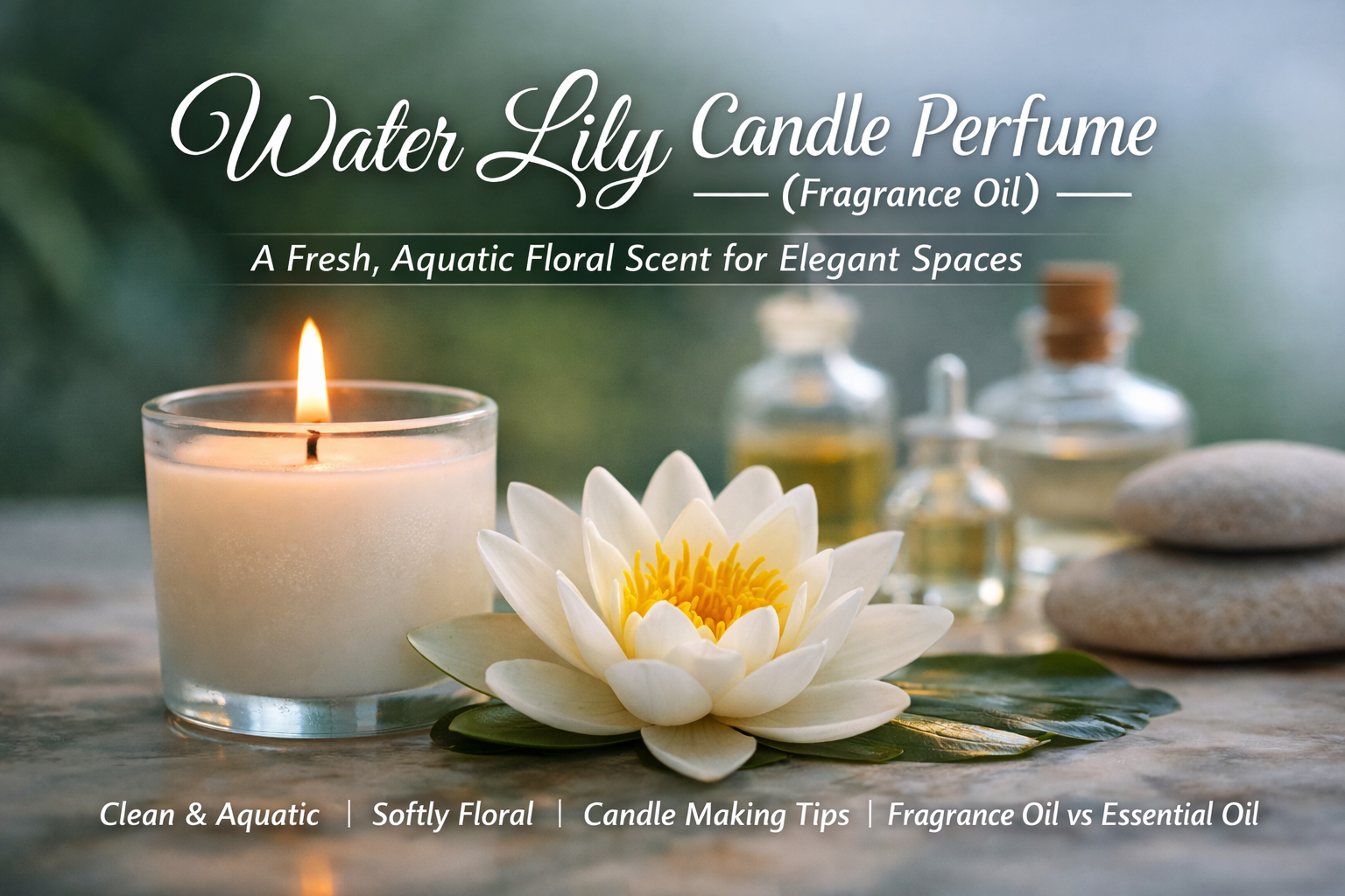 Water Lily Candle Perfume fragrance oil with fresh floral candle setting.